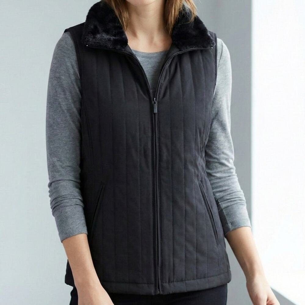 EP Pro Womens Medium Black Full Front Zip Faux Fur Collar Vest 100% Polyester